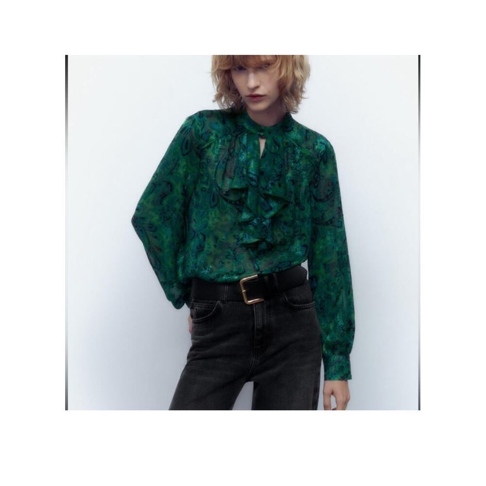 Zara Green Paisley Ruffled Neck Jacquared Long Sleeve Blouse Size XS